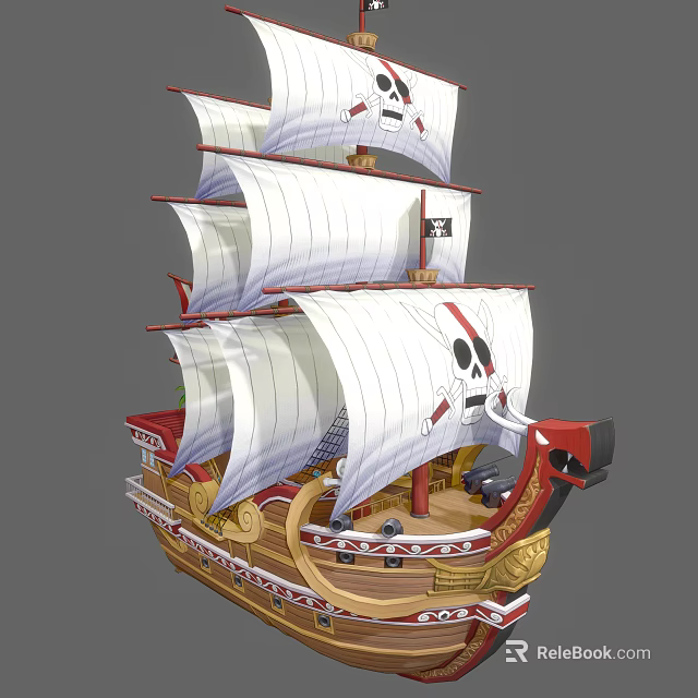 Cartoon Pirate Ship Scene with White Sails Skull Flags and Colorful Wooden Hull 3d model 