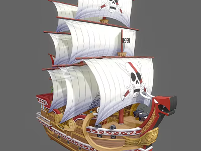 Cartoon Pirate Ship Scene with White Sails Skull Flags and Colorful Wooden Hull 3d model