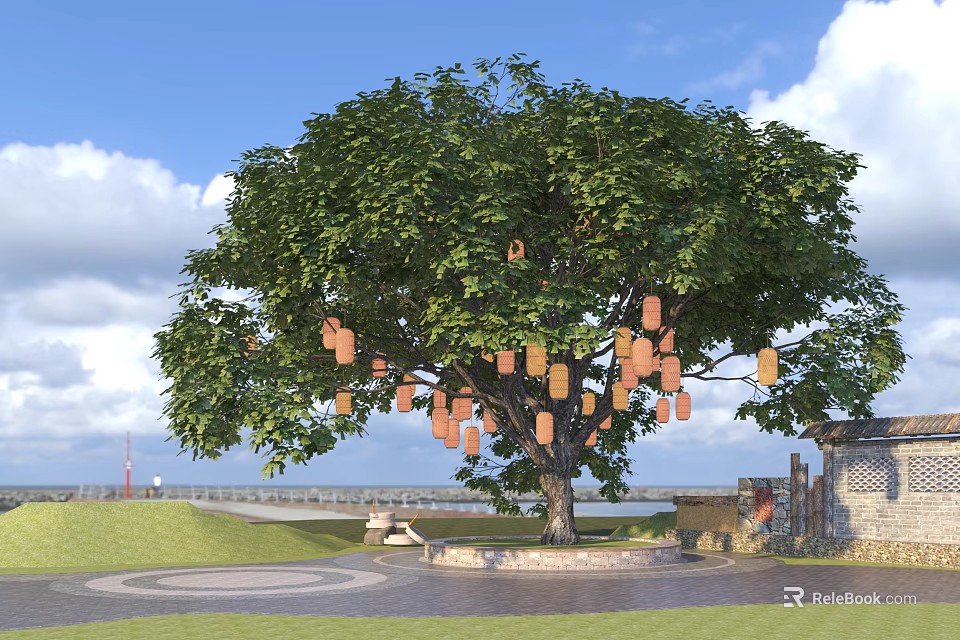 Scenic Plaza Landscape With Large Tree Orange Lanterns Green Grass And Stone Pavement 3d model 