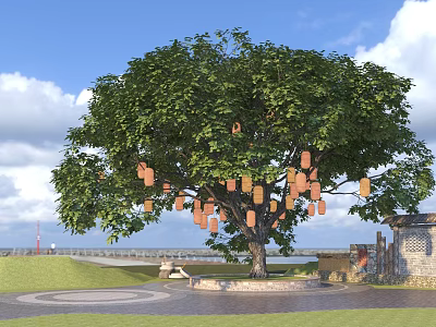 Scenic Plaza Landscape With Large Tree Orange Lanterns Green Grass And Stone Pavement 3d model
