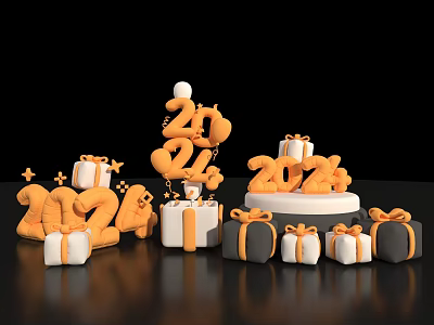 2024 New Year Celebration Decorations With Orange Numbers Gift Boxes Bows And Stars 3d model