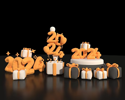 2024 New Year Celebration Decorations With Orange Numbers Gift Boxes Bows And Stars 3d model