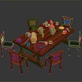 Wooden Dining Table Set With Red Chairs Clay Pots Fruits And Tableware