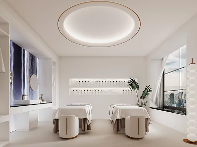 White Modern SPA Room With Round Ceiling Light Massage Beds Shelves And City View Plant 3d model