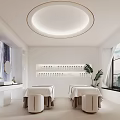 White Modern SPA Room With Round Ceiling Light Massage Beds Shelves And City View Plant