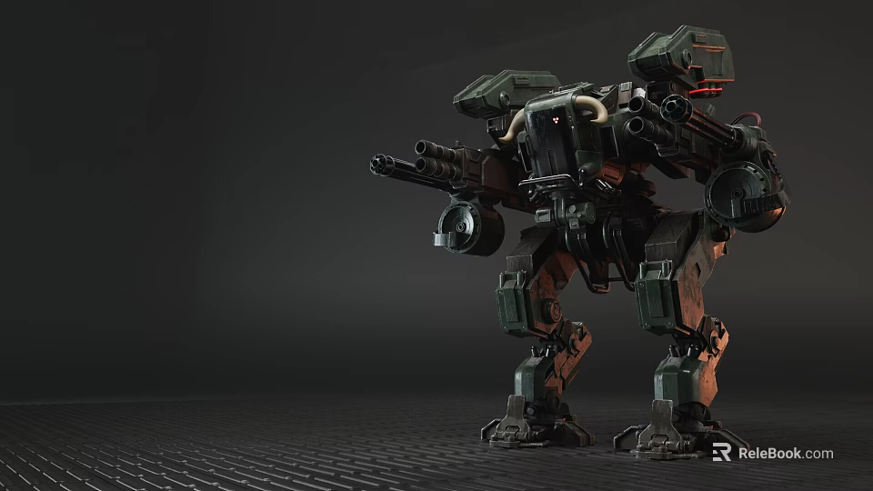 Intelligent Combat Machine Featuring Mechanical Legs Multiple Guns and Green Armored Design 3d model 