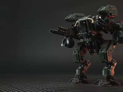 Intelligent Combat Machine Featuring Mechanical Legs Multiple Guns and Green Armored Design 3d model