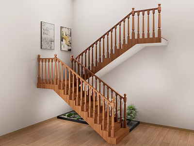 Wooden Staircase With Handrail Steps In Modern Interior Design White Wall And Wooden Floor 3d model