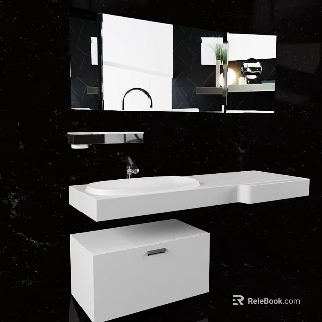Modern White Washbasin Design With Black Marble Wall And Hanging Mirror And Cabinet Storage 3d model 