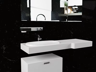 Modern White Washbasin Design With Black Marble Wall And Hanging Mirror And Cabinet Storage 3d model
