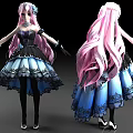 Game And Movie Character With Long Pink Hair Black And Blue Dress Lace Details