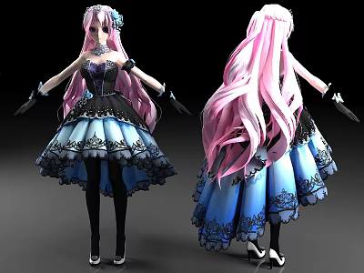 Game And Movie Character With Long Pink Hair Black And Blue Dress Lace Details 3d model