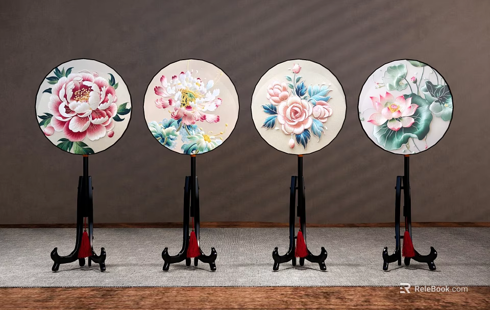 Circular Floral Decorative Ornament Set On Black Red Base Stands For Home Decoration 3d model 