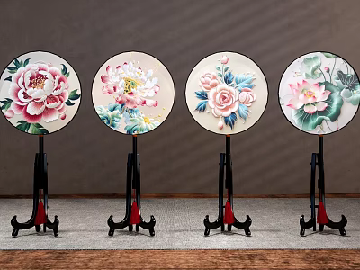 Circular Floral Decorative Ornament Set On Black Red Base Stands For Home Decoration 3d model