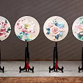 Circular Floral Decorative Ornament Set On Black Red Base Stands For Home Decoration