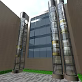 Modern Transparent Elevator with Glass Shaft and Gold Accents on Building Exterior