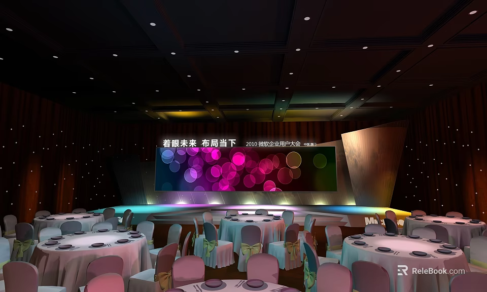 Elegant Banquet Hall Setup With Stage Large Screen Colorful Lights Round Tables And Chairs 3d model 