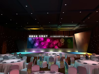 Elegant Banquet Hall Setup With Stage Large Screen Colorful Lights Round Tables And Chairs 3d model