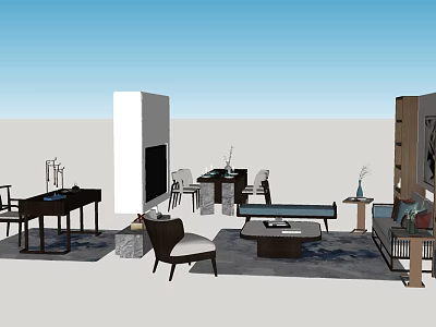 Modern Living Room Dining Interior With Sofa Coffee Table Fireplace Chairs And Decorations 3d model