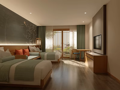 Hotel Room Interior With Twin Beds Wooden Flooring Decorative Painting And Green Curtains 3d model