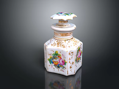 Antique Porcelain Bottle With Ornate Lid Colorful Hand Painted Patterns And Golden Accents 3d model