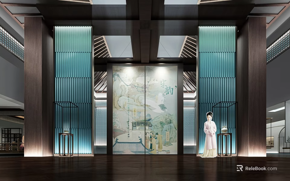 Traditional Exhibition Hall Interior With Blue Screen And Ancient Painting Decor 3d model 