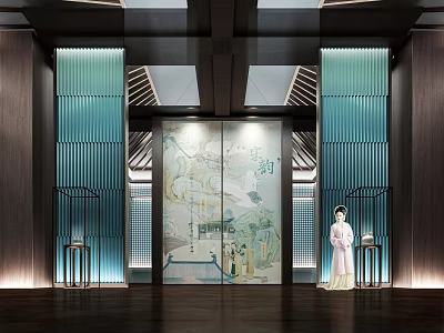 Traditional Exhibition Hall Interior With Blue Screen And Ancient Painting Decor 3d model