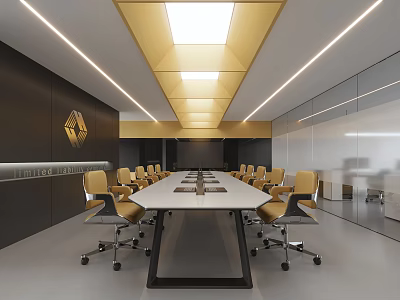 Modern Conference Room With Long Table Yellow Chairs Black Walls Ceiling Lights And Glass Partitions 3d model