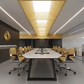 Modern Conference Room With Long Table Yellow Chairs Black Walls Ceiling Lights And Glass Partitions