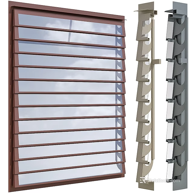 Modern Casement Windows With Brown Beige Gray Frames And Slatted Structure Design 3d model