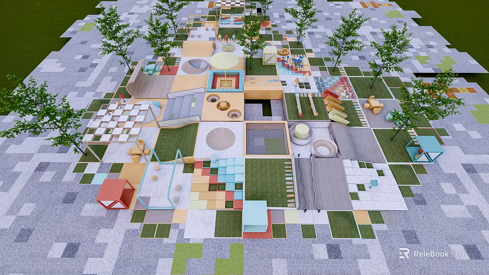 Modern Park Landscape With Colorful Geometric Paving Green Lawn Areas And Trees 3d model 
