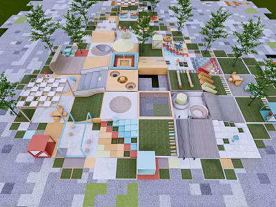 Modern Park Landscape With Colorful Geometric Paving Green Lawn Areas And Trees 3d model