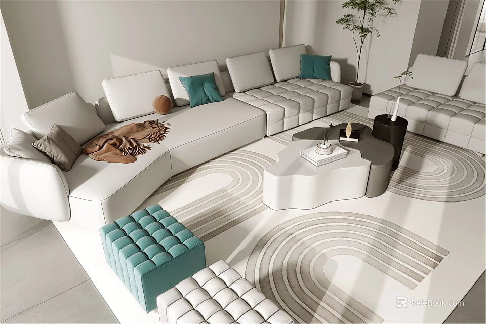 Modern White Corner Sofa with Turquoise Cushions and Coffee Table Set on Patterned Rug 3d model