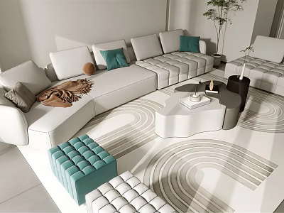 Modern White Corner Sofa with Turquoise Cushions and Coffee Table Set on Patterned Rug 3d model