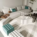 Modern White Corner Sofa with Turquoise Cushions and Coffee Table Set on Patterned Rug 3d model