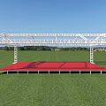 Outdoor Event Stage Featuring White Metal Frame Red Floor Green Grass And Blue Sky