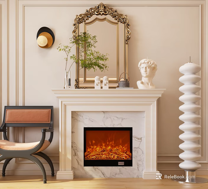 Elegant Marble Electric Fireplace with Gold Framed Mirror Potted Plant White Statue and Leather Chair 3d model 