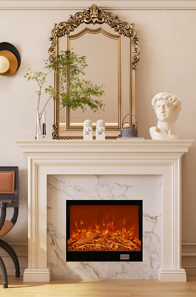 Elegant Marble Electric Fireplace with Gold Framed Mirror Potted Plant White Statue and Leather Chair 3d model