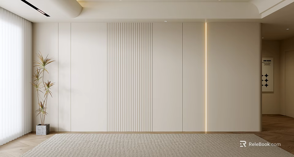 Minimalist Sofa Background Wall With Vertical Slats And Ambient LED Lighting 3d model