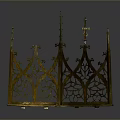 Scenic Landscape With Golden Gothic Metal Screen Featuring Intricate Patterns And Cross