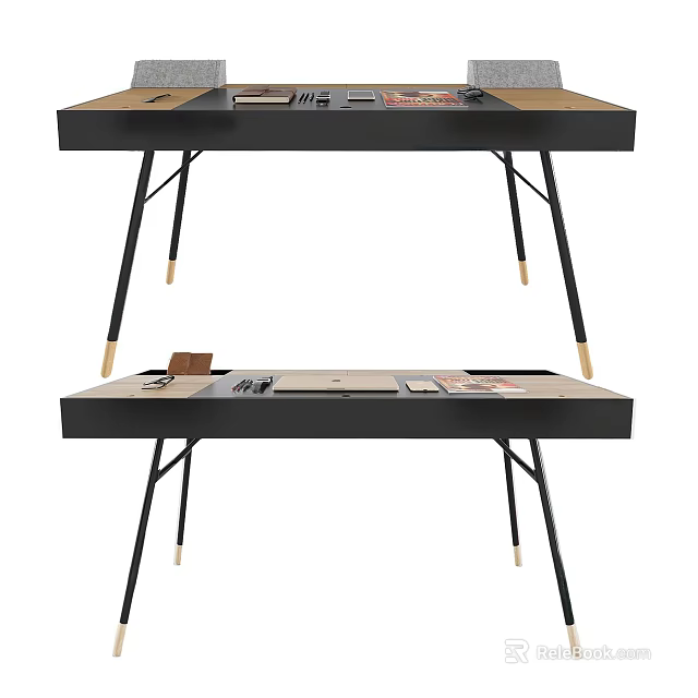 Modern Wooden Top Desk With Black Legs And Books On Surface 3d model 
