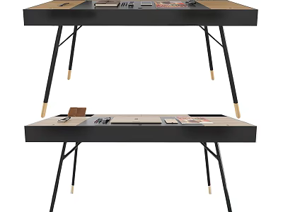 Modern Wooden Top Desk With Black Legs And Books On Surface 3d model