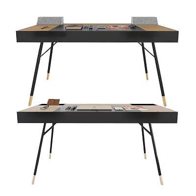 Modern Wooden Top Desk With Black Legs And Books On Surface 3d model
