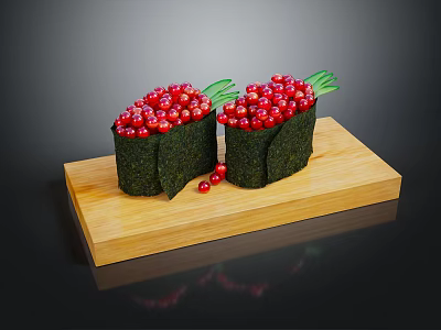 Delicious Nori Wrapped Sushi Rolls With Red Fish Roe On Wooden Board 3d model