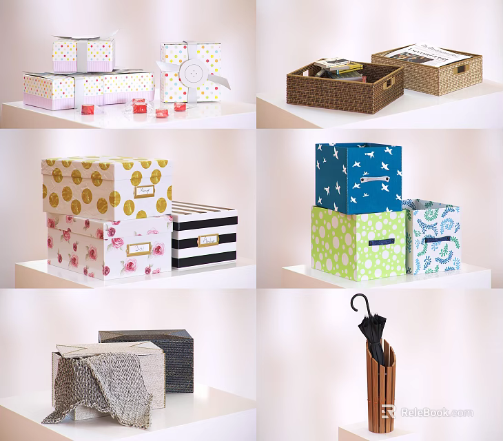 Colorful Decorative Storage Boxes With Various Patterns And Umbrella Holder For Home Organizational Use 3d model 
