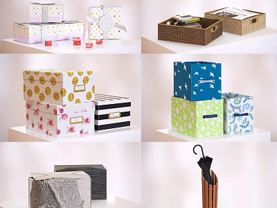 Colorful Decorative Storage Boxes With Various Patterns And Umbrella Holder For Home Organizational Use 3d model