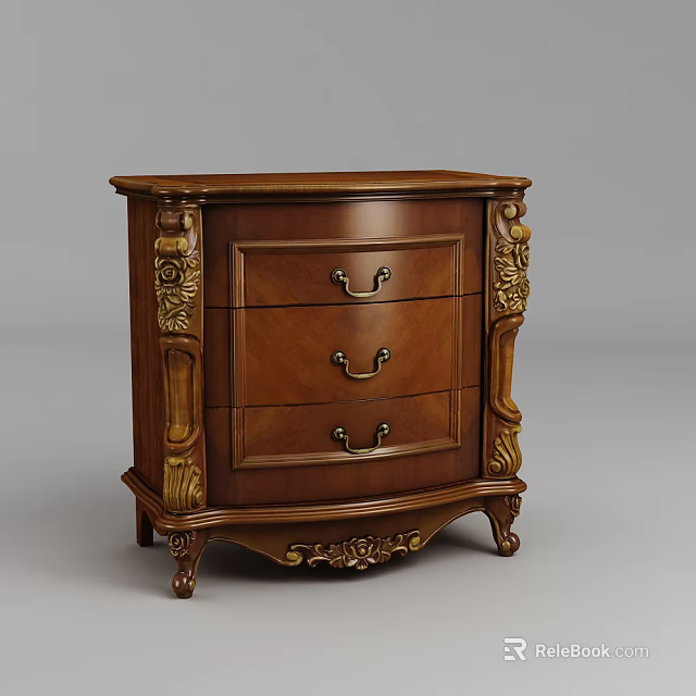 Classic Wooden Bedside Table With Three Drawers Brass Handles And Ornate Carved Details 3d model 