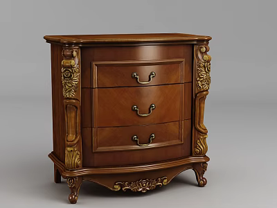 Classic Wooden Bedside Table With Three Drawers Brass Handles And Ornate Carved Details 3d model