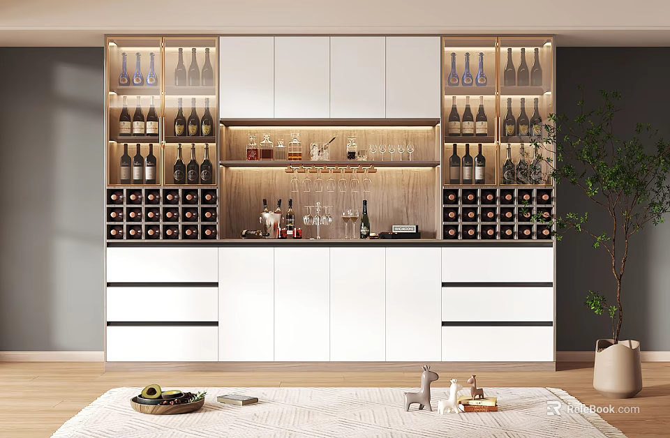 Modern Wine Cabinet Design With Glass Shelves Wine Bottles And LED Lighting 3d model 