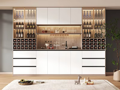Modern Wine Cabinet Design With Glass Shelves Wine Bottles And LED Lighting 3d model